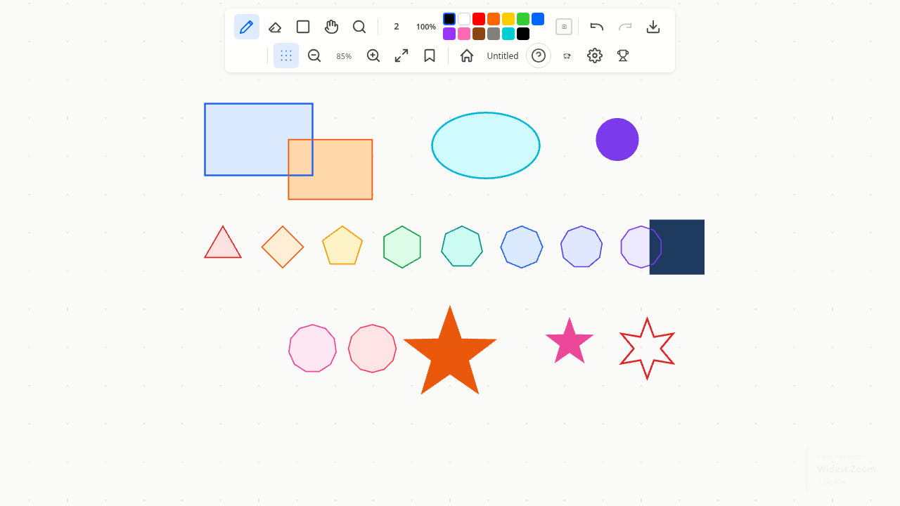 Shape tools showcasing rectangles, ellipses, polygons, and stars on the canvas